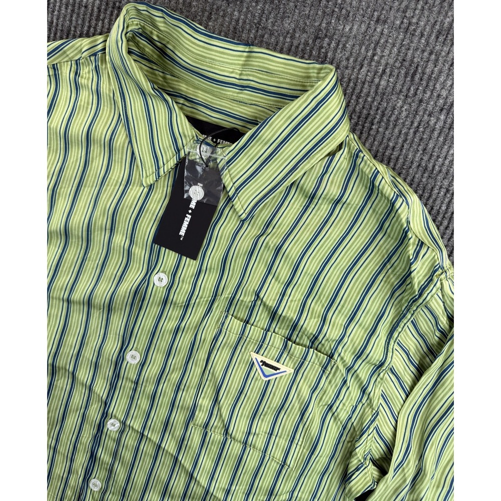 HOMME + FEMME Shirt Mens Extra Large Green Blue Striped Button‎ Down Long Sleeve
